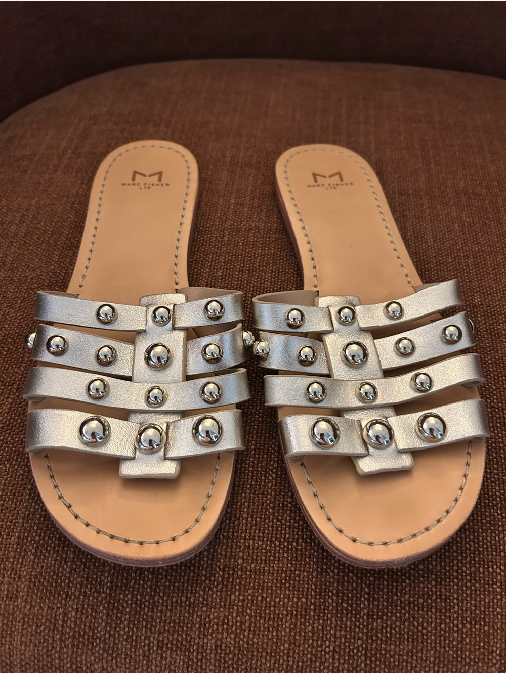 Marc Fisher Silver Studded Multi-Strap Slide Sandals